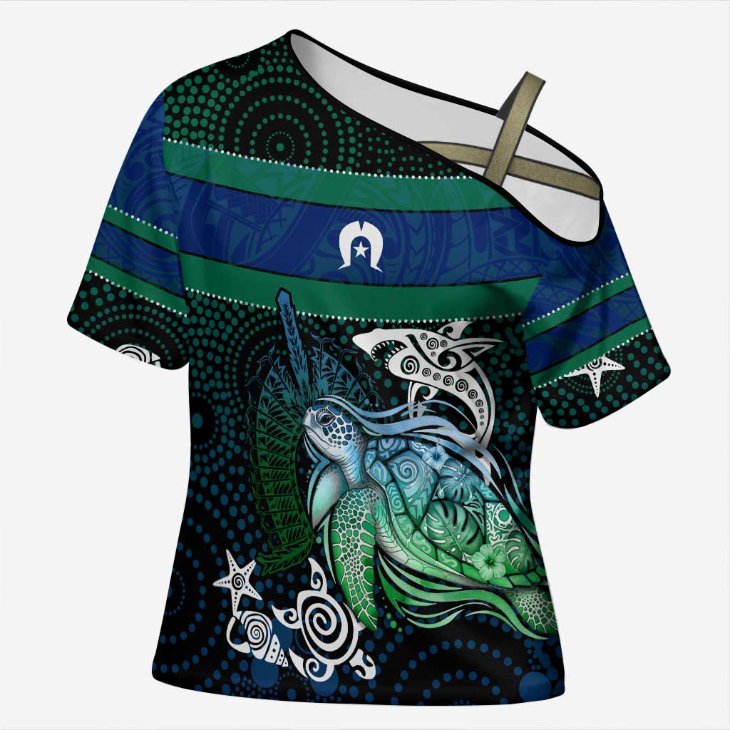 Torres Strait Islands Sea Turtle and Dhari Cross Shoulder Shirt Oceanic Indigenous Dotwork Tribal Illustration