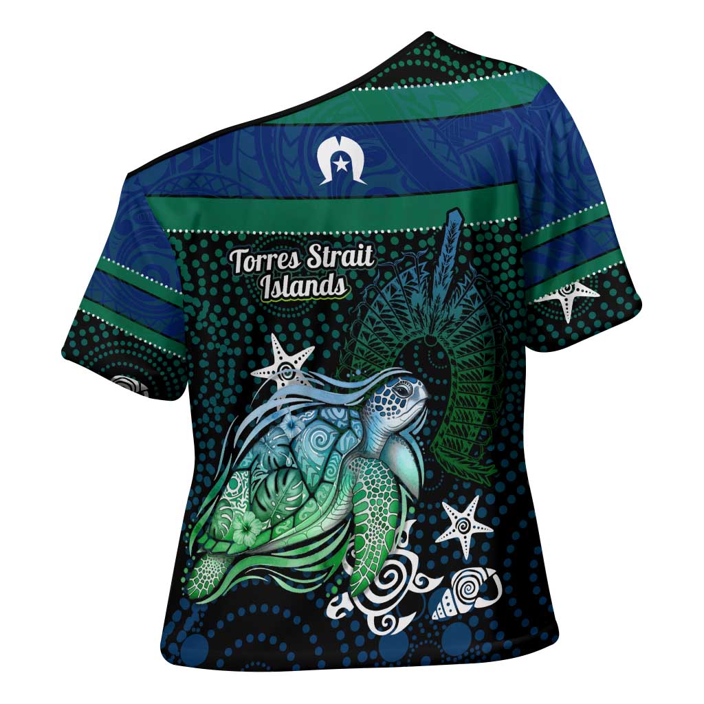 Torres Strait Islands Sea Turtle and Dhari Cross Shoulder Shirt Oceanic Indigenous Dotwork Tribal Illustration