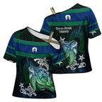 Torres Strait Islands Sea Turtle and Dhari Cross Shoulder Shirt Oceanic Indigenous Dotwork Tribal Illustration
