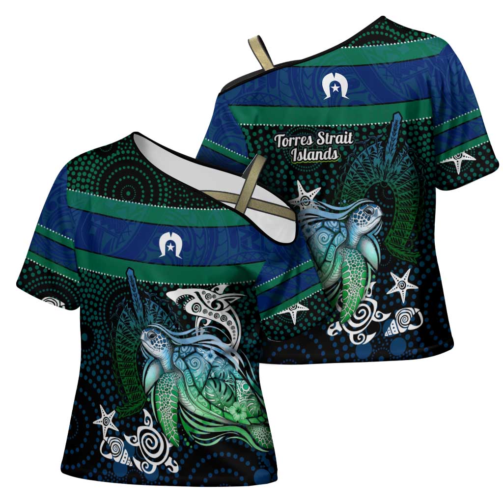 Torres Strait Islands Sea Turtle and Dhari Cross Shoulder Shirt Oceanic Indigenous Dotwork Tribal Illustration