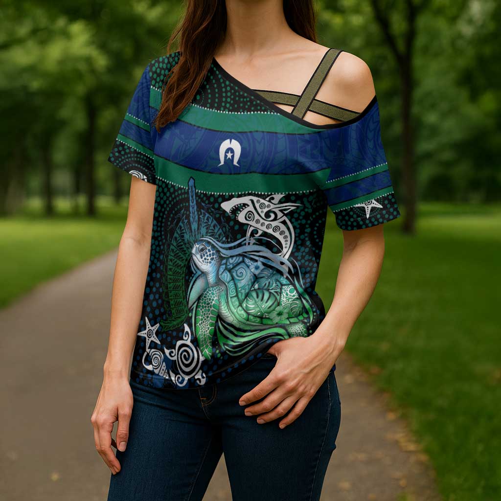 Torres Strait Islands Sea Turtle and Dhari Cross Shoulder Shirt Oceanic Indigenous Dotwork Tribal Illustration