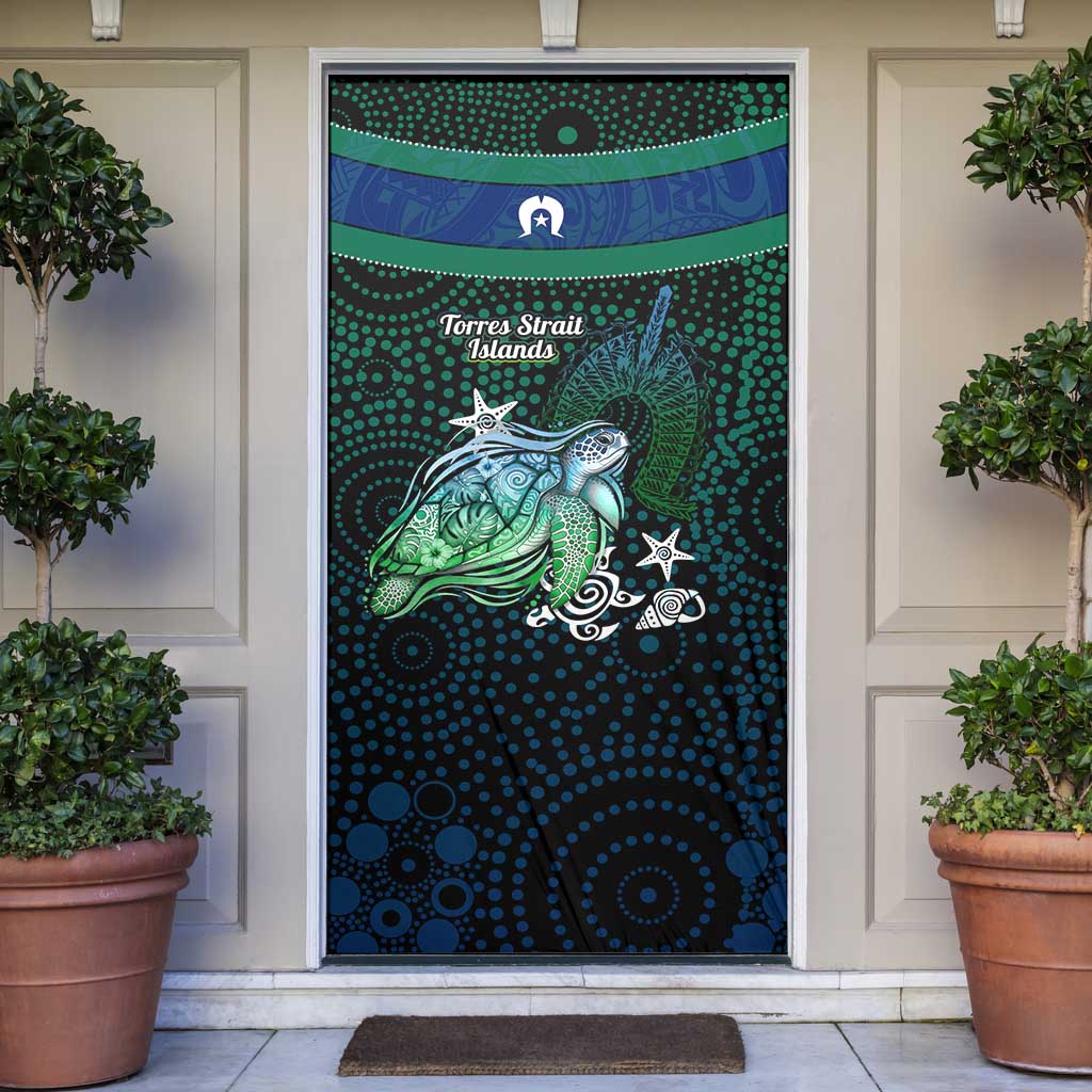 Torres Strait Islands Sea Turtle and Dhari Door Cover Oceanic Indigenous Dotwork Tribal Illustration