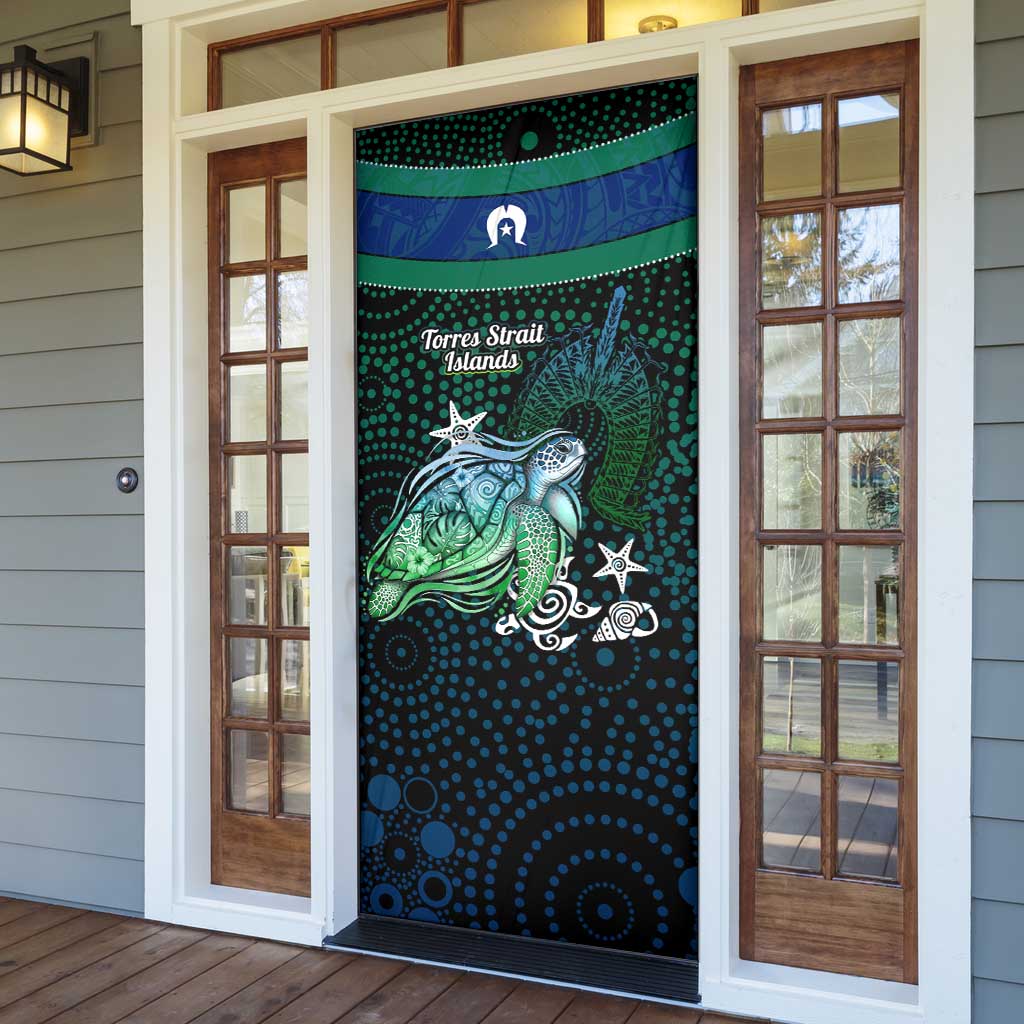 Torres Strait Islands Sea Turtle and Dhari Door Cover Oceanic Indigenous Dotwork Tribal Illustration
