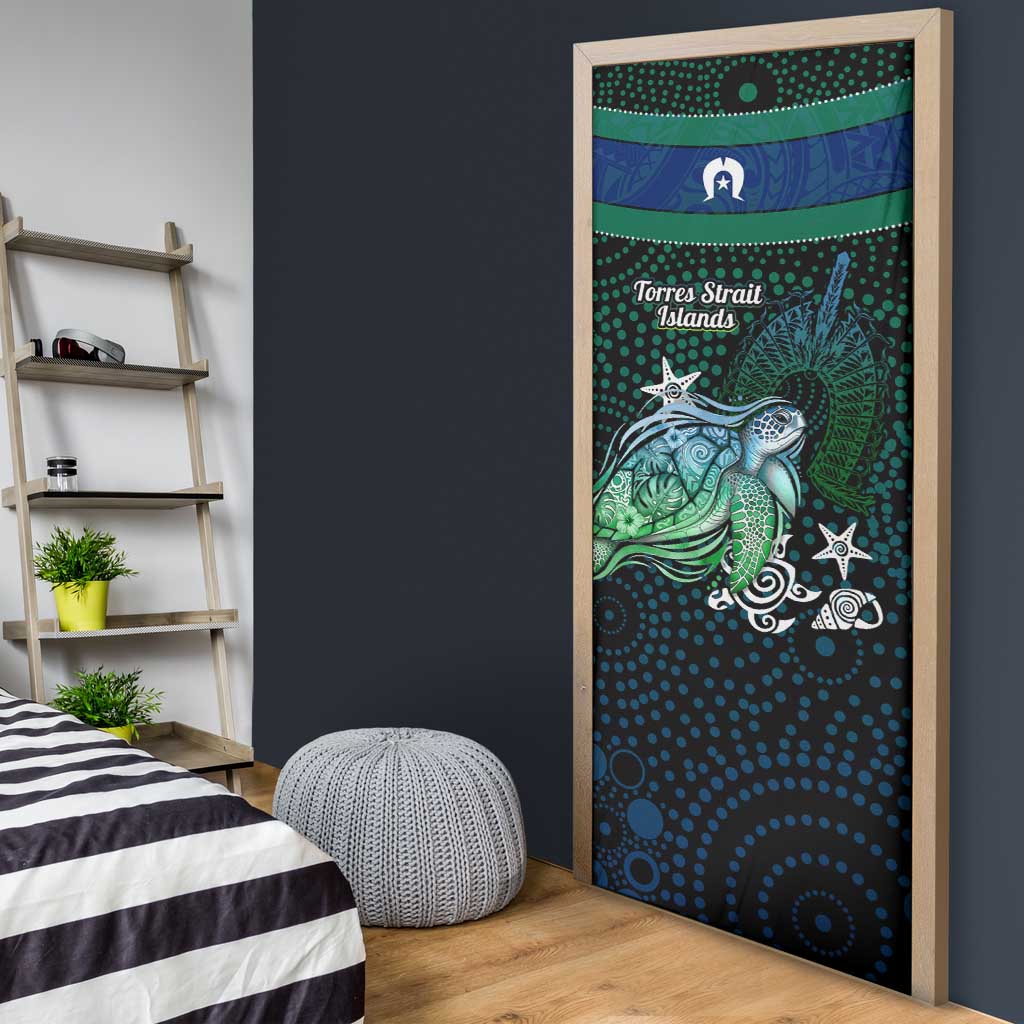 Torres Strait Islands Sea Turtle and Dhari Door Cover Oceanic Indigenous Dotwork Tribal Illustration