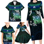 Torres Strait Islands Sea Turtle and Dhari Family Matching Long Sleeve Bodycon Dress and Hawaiian Shirt Oceanic Indigenous Dotwork Tribal Illustration