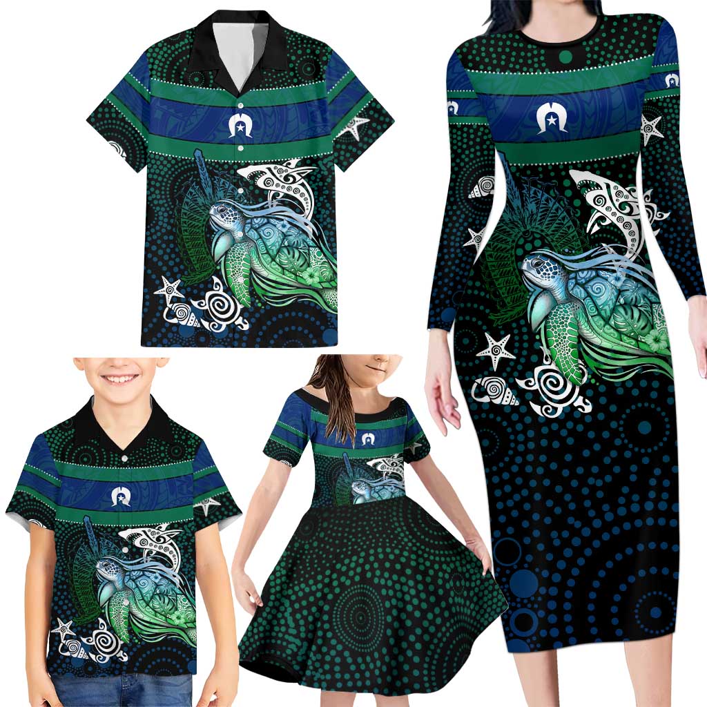 Torres Strait Islands Sea Turtle and Dhari Family Matching Long Sleeve Bodycon Dress and Hawaiian Shirt Oceanic Indigenous Dotwork Tribal Illustration