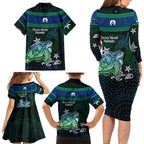 Torres Strait Islands Sea Turtle and Dhari Family Matching Long Sleeve Bodycon Dress and Hawaiian Shirt Oceanic Indigenous Dotwork Tribal Illustration