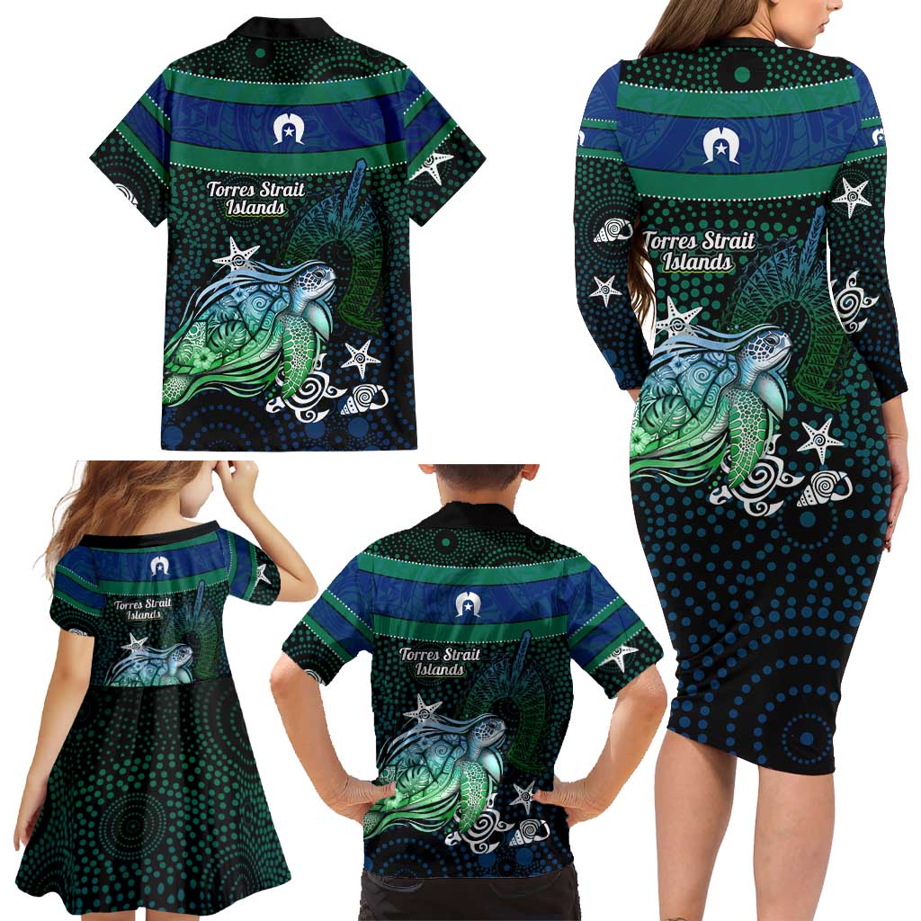 Torres Strait Islands Sea Turtle and Dhari Family Matching Long Sleeve Bodycon Dress and Hawaiian Shirt Oceanic Indigenous Dotwork Tribal Illustration