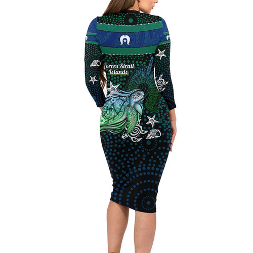 Torres Strait Islands Sea Turtle and Dhari Family Matching Long Sleeve Bodycon Dress and Hawaiian Shirt Oceanic Indigenous Dotwork Tribal Illustration