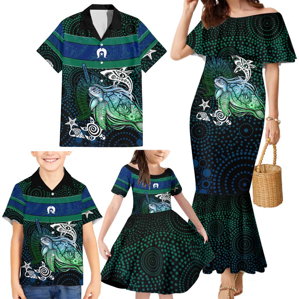 Torres Strait Islands Sea Turtle and Dhari Family Matching Mermaid Dress and Hawaiian Shirt Oceanic Indigenous Dotwork Tribal Illustration