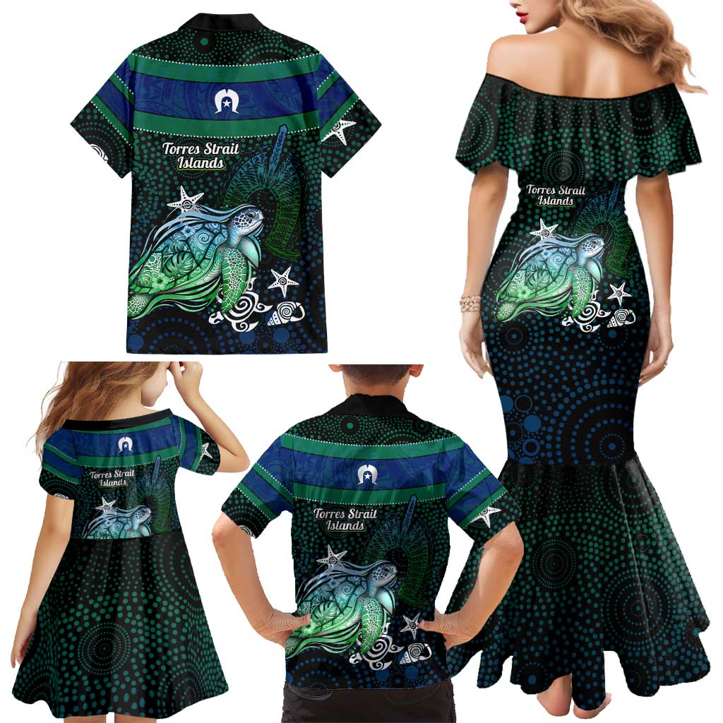 Torres Strait Islands Sea Turtle and Dhari Family Matching Mermaid Dress and Hawaiian Shirt Oceanic Indigenous Dotwork Tribal Illustration