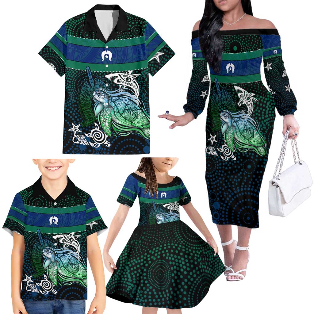 Torres Strait Islands Sea Turtle and Dhari Family Matching Off The Shoulder Long Sleeve Dress and Hawaiian Shirt Oceanic Indigenous Dotwork Tribal Illustration