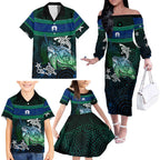 Torres Strait Islands Sea Turtle and Dhari Family Matching Off The Shoulder Long Sleeve Dress and Hawaiian Shirt Oceanic Indigenous Dotwork Tribal Illustration