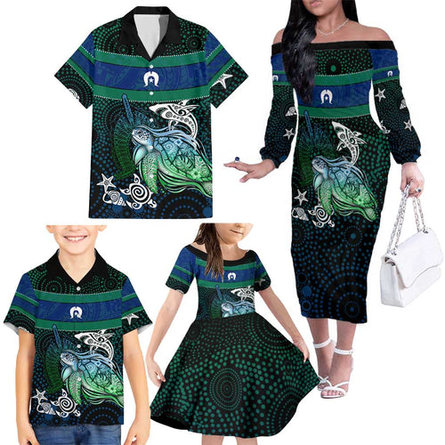 Torres Strait Islands Sea Turtle and Dhari Family Matching Off The Shoulder Long Sleeve Dress and Hawaiian Shirt Oceanic Indigenous Dotwork Tribal Illustration