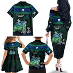Torres Strait Islands Sea Turtle and Dhari Family Matching Off The Shoulder Long Sleeve Dress and Hawaiian Shirt Oceanic Indigenous Dotwork Tribal Illustration