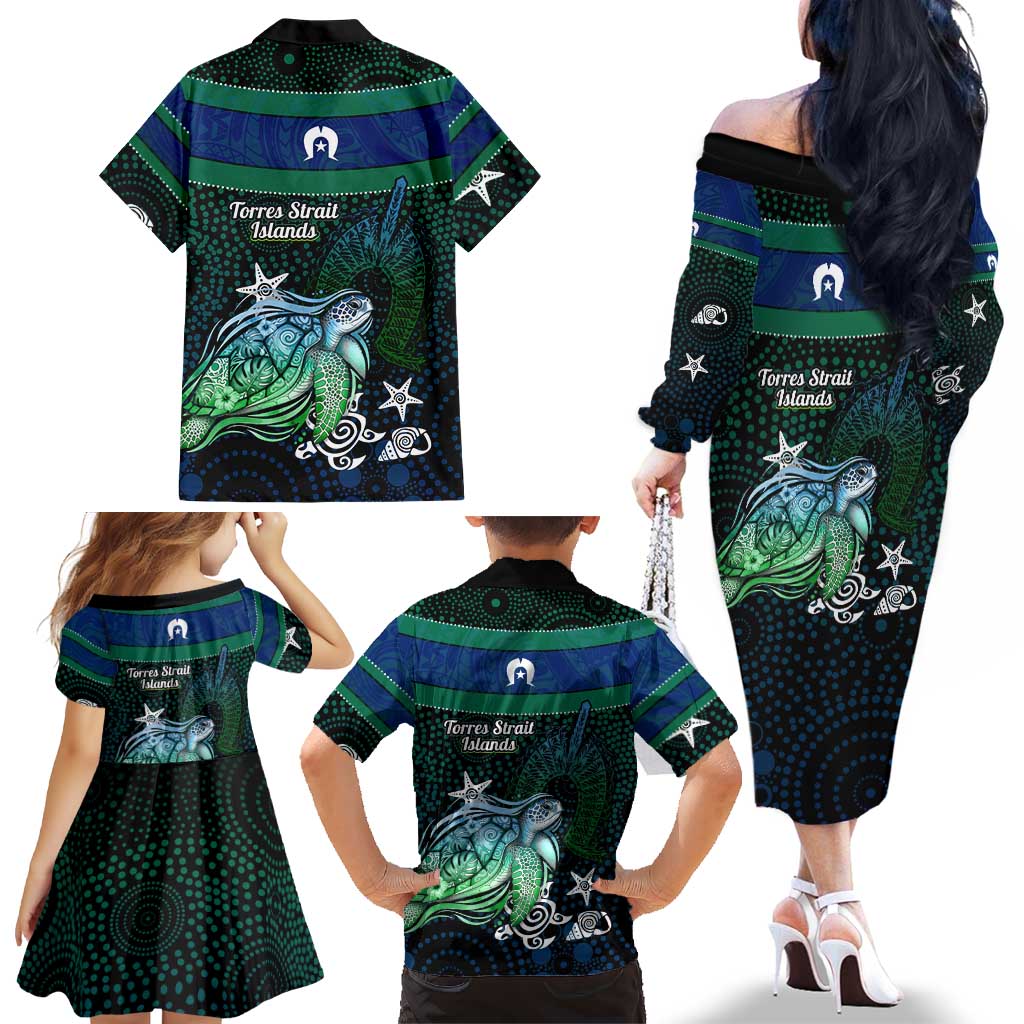 Torres Strait Islands Sea Turtle and Dhari Family Matching Off The Shoulder Long Sleeve Dress and Hawaiian Shirt Oceanic Indigenous Dotwork Tribal Illustration