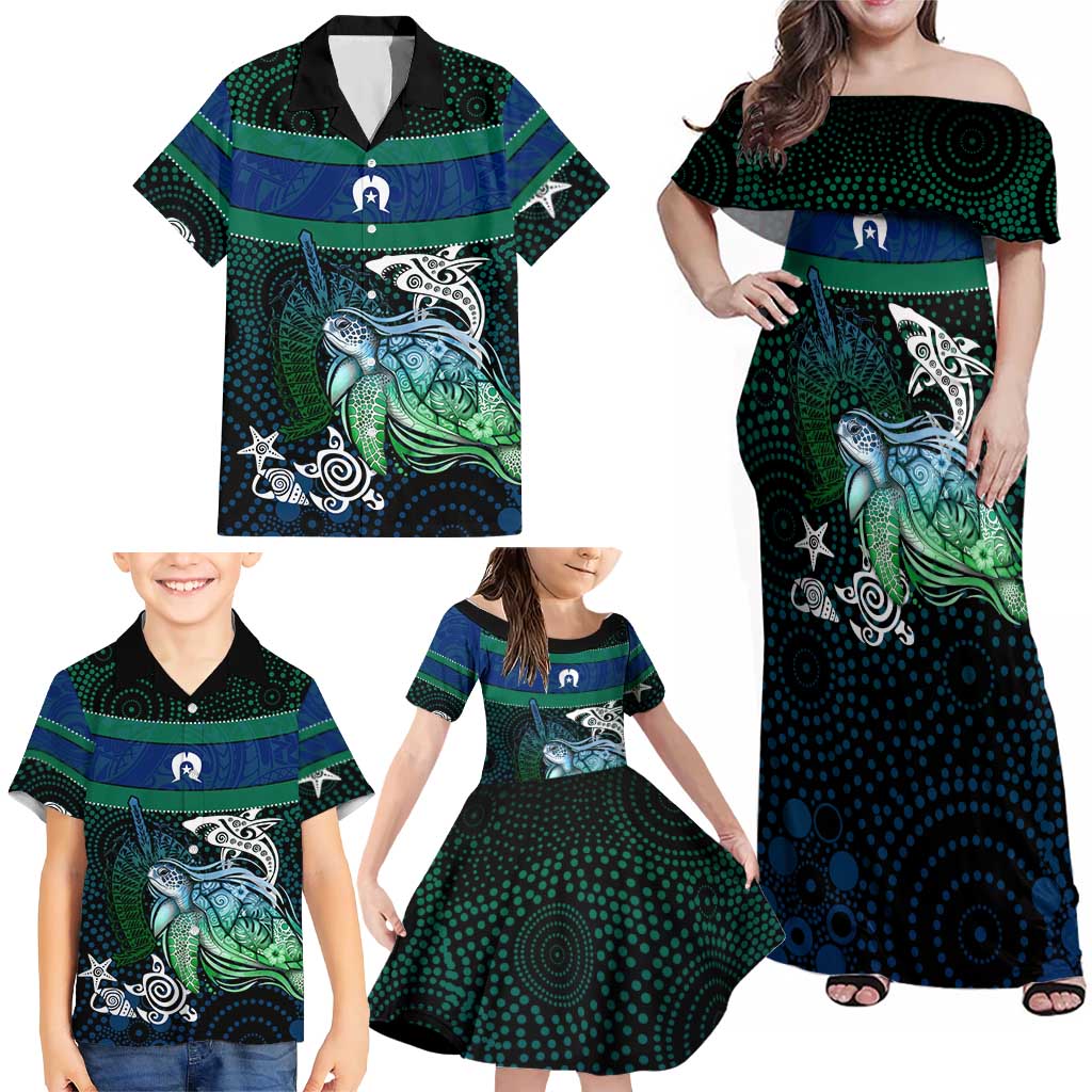 Torres Strait Islands Sea Turtle and Dhari Family Matching Off Shoulder Maxi Dress and Hawaiian Shirt Oceanic Indigenous Dotwork Tribal Illustration