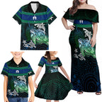 Torres Strait Islands Sea Turtle and Dhari Family Matching Off Shoulder Maxi Dress and Hawaiian Shirt Oceanic Indigenous Dotwork Tribal Illustration