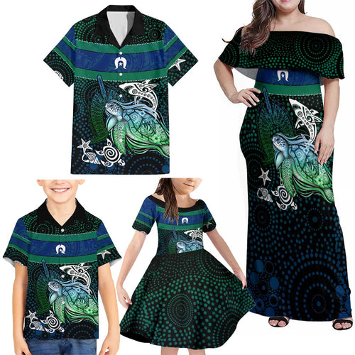 Torres Strait Islands Sea Turtle and Dhari Family Matching Off Shoulder Maxi Dress and Hawaiian Shirt Oceanic Indigenous Dotwork Tribal Illustration