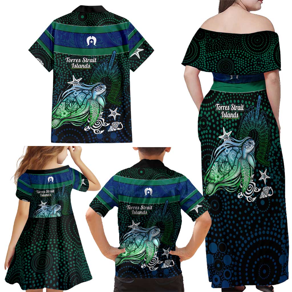 Torres Strait Islands Sea Turtle and Dhari Family Matching Off Shoulder Maxi Dress and Hawaiian Shirt Oceanic Indigenous Dotwork Tribal Illustration