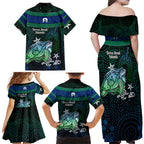 Torres Strait Islands Sea Turtle and Dhari Family Matching Off Shoulder Maxi Dress and Hawaiian Shirt Oceanic Indigenous Dotwork Tribal Illustration