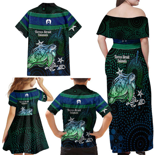 Torres Strait Islands Sea Turtle and Dhari Family Matching Off Shoulder Maxi Dress and Hawaiian Shirt Oceanic Indigenous Dotwork Tribal Illustration
