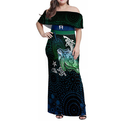 Torres Strait Islands Sea Turtle and Dhari Family Matching Off Shoulder Maxi Dress and Hawaiian Shirt Oceanic Indigenous Dotwork Tribal Illustration