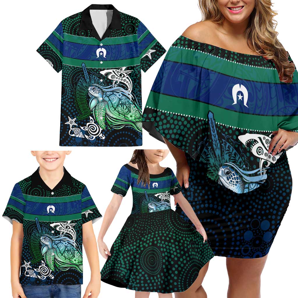 Torres Strait Islands Sea Turtle and Dhari Family Matching Off Shoulder Short Dress and Hawaiian Shirt Oceanic Indigenous Dotwork Tribal Illustration
