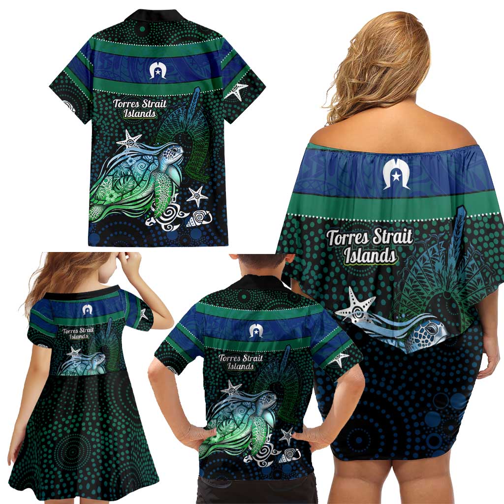 Torres Strait Islands Sea Turtle and Dhari Family Matching Off Shoulder Short Dress and Hawaiian Shirt Oceanic Indigenous Dotwork Tribal Illustration