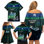 Torres Strait Islands Sea Turtle and Dhari Family Matching Off Shoulder Short Dress and Hawaiian Shirt Oceanic Indigenous Dotwork Tribal Illustration