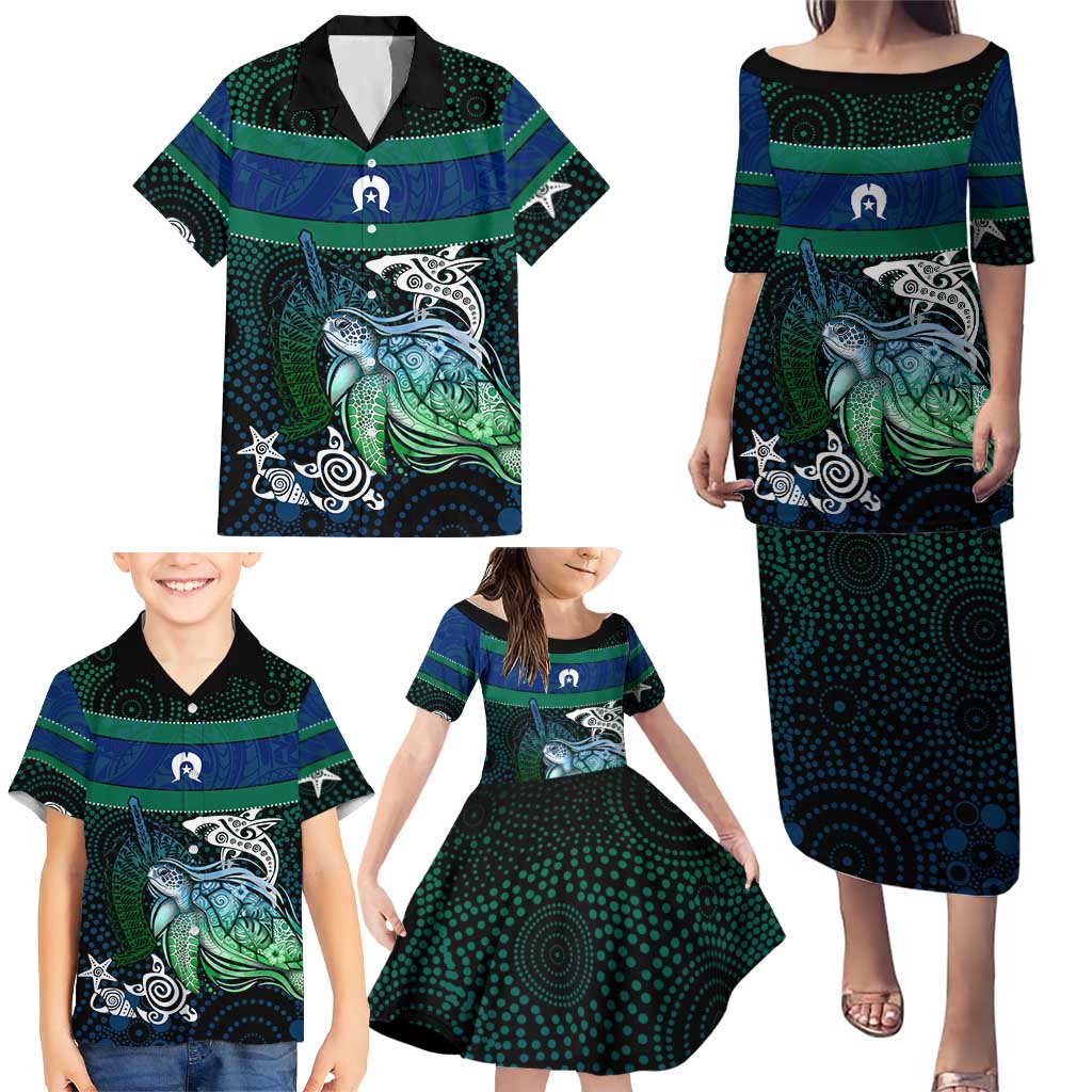 Torres Strait Islands Sea Turtle and Dhari Family Matching Puletasi and Hawaiian Shirt Oceanic Indigenous Dotwork Tribal Illustration