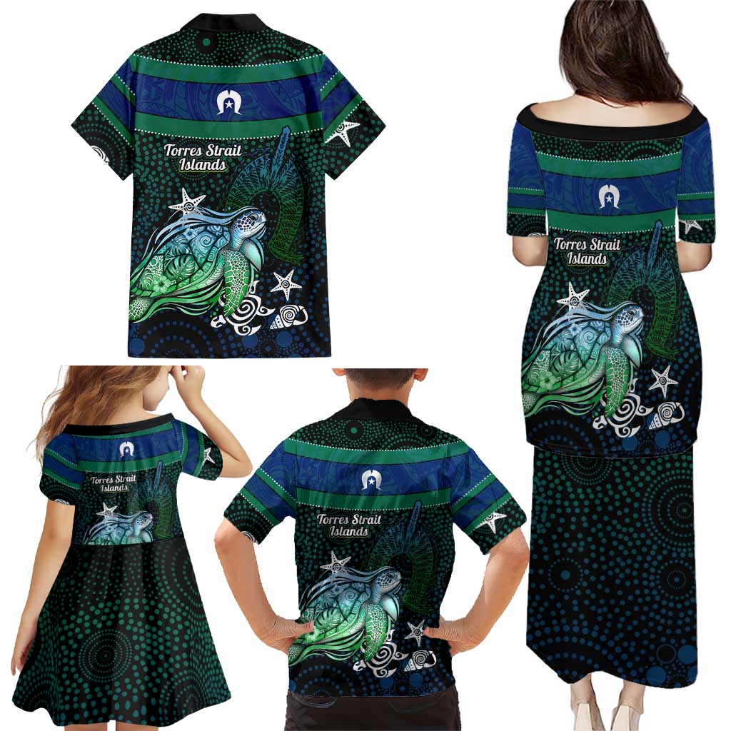 Torres Strait Islands Sea Turtle and Dhari Family Matching Puletasi and Hawaiian Shirt Oceanic Indigenous Dotwork Tribal Illustration