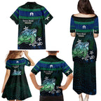 Torres Strait Islands Sea Turtle and Dhari Family Matching Puletasi and Hawaiian Shirt Oceanic Indigenous Dotwork Tribal Illustration