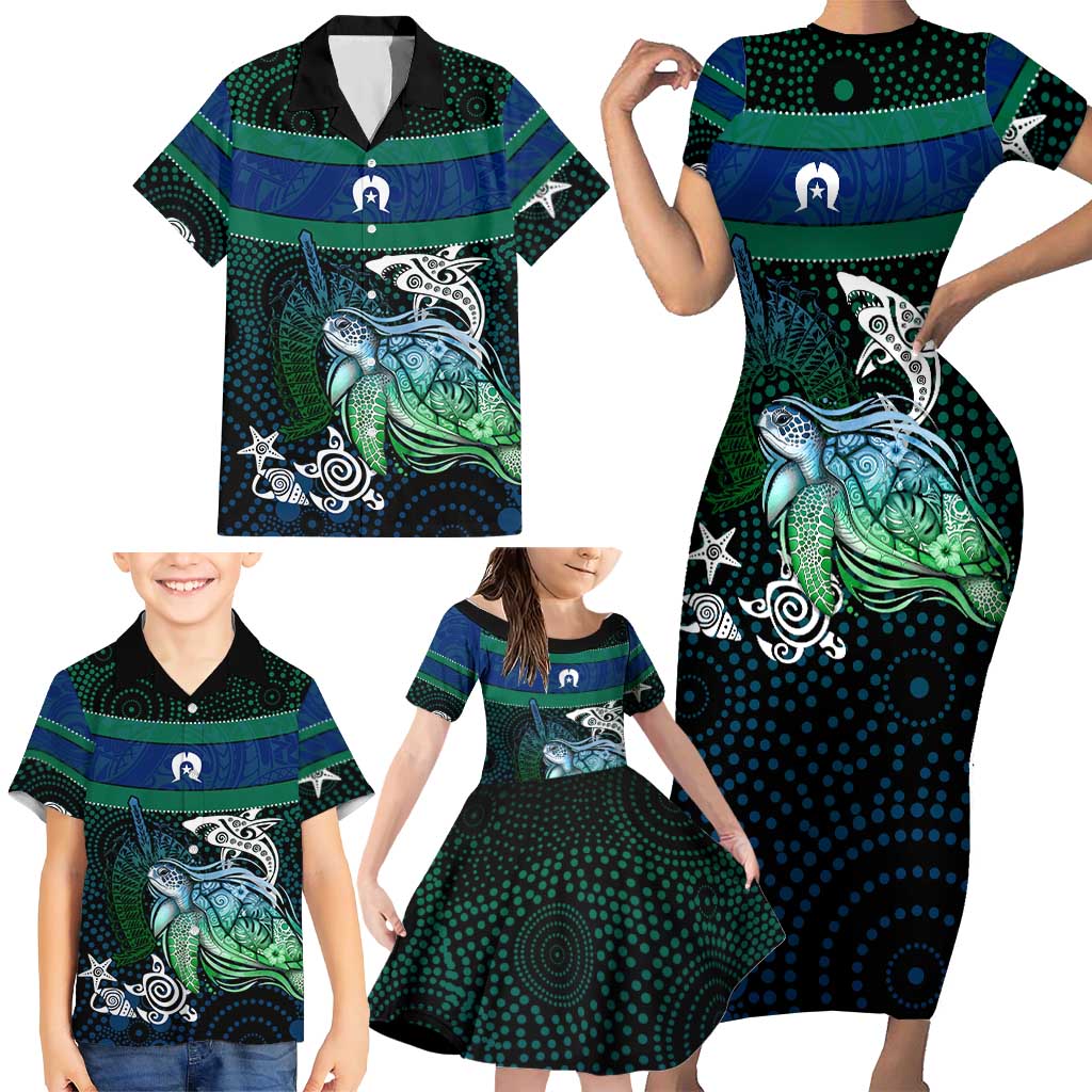Torres Strait Islands Sea Turtle and Dhari Family Matching Short Sleeve Bodycon Dress and Hawaiian Shirt Oceanic Indigenous Dotwork Tribal Illustration