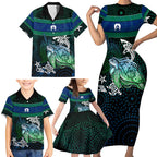 Torres Strait Islands Sea Turtle and Dhari Family Matching Short Sleeve Bodycon Dress and Hawaiian Shirt Oceanic Indigenous Dotwork Tribal Illustration