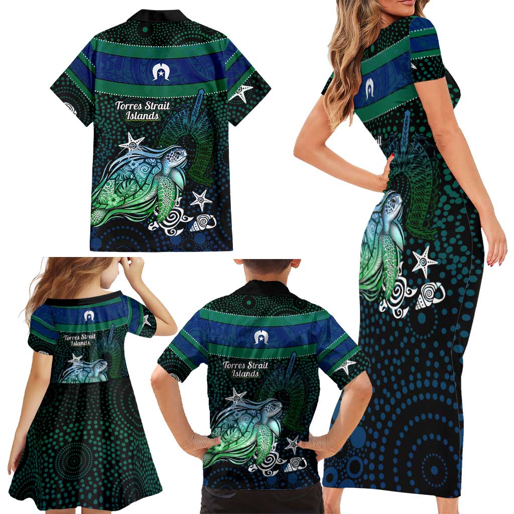 Torres Strait Islands Sea Turtle and Dhari Family Matching Short Sleeve Bodycon Dress and Hawaiian Shirt Oceanic Indigenous Dotwork Tribal Illustration
