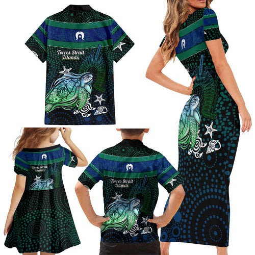 Torres Strait Islands Sea Turtle and Dhari Family Matching Short Sleeve Bodycon Dress and Hawaiian Shirt Oceanic Indigenous Dotwork Tribal Illustration