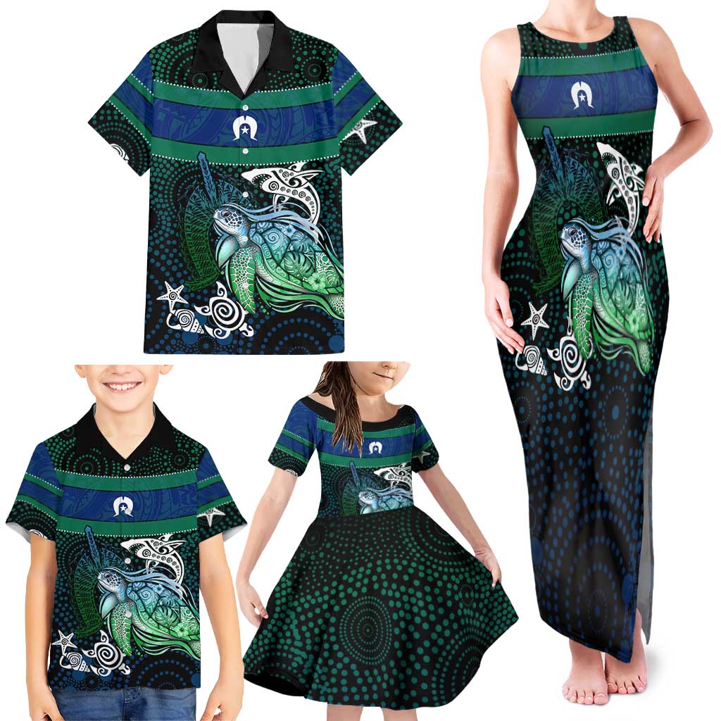 Torres Strait Islands Sea Turtle and Dhari Family Matching Tank Maxi Dress and Hawaiian Shirt Oceanic Indigenous Dotwork Tribal Illustration