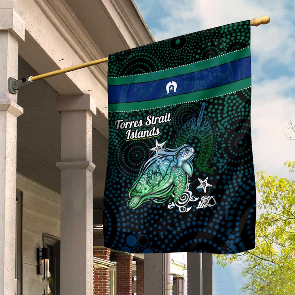 Torres Strait Islands Sea Turtle and Dhari Garden Flag Oceanic Indigenous Dotwork Tribal Illustration