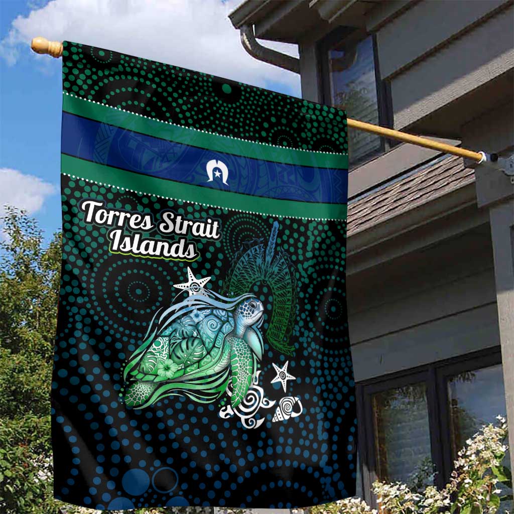 Torres Strait Islands Sea Turtle and Dhari Garden Flag Oceanic Indigenous Dotwork Tribal Illustration