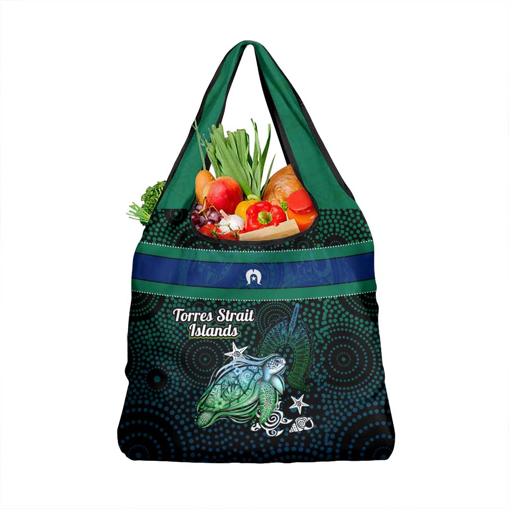 Torres Strait Islands Sea Turtle and Dhari Grocery Bag Oceanic Indigenous Dotwork Tribal Illustration
