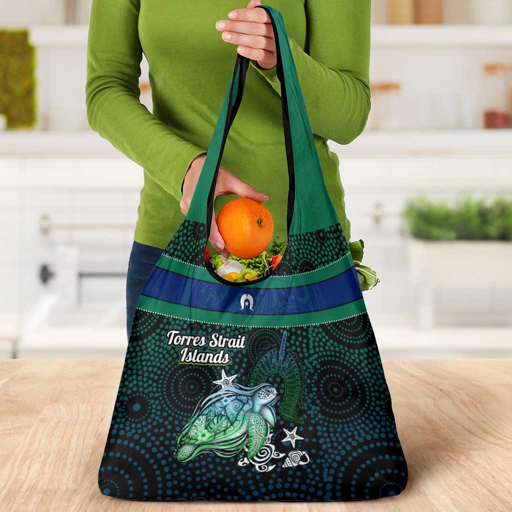 Torres Strait Islands Sea Turtle and Dhari Grocery Bag Oceanic Indigenous Dotwork Tribal Illustration