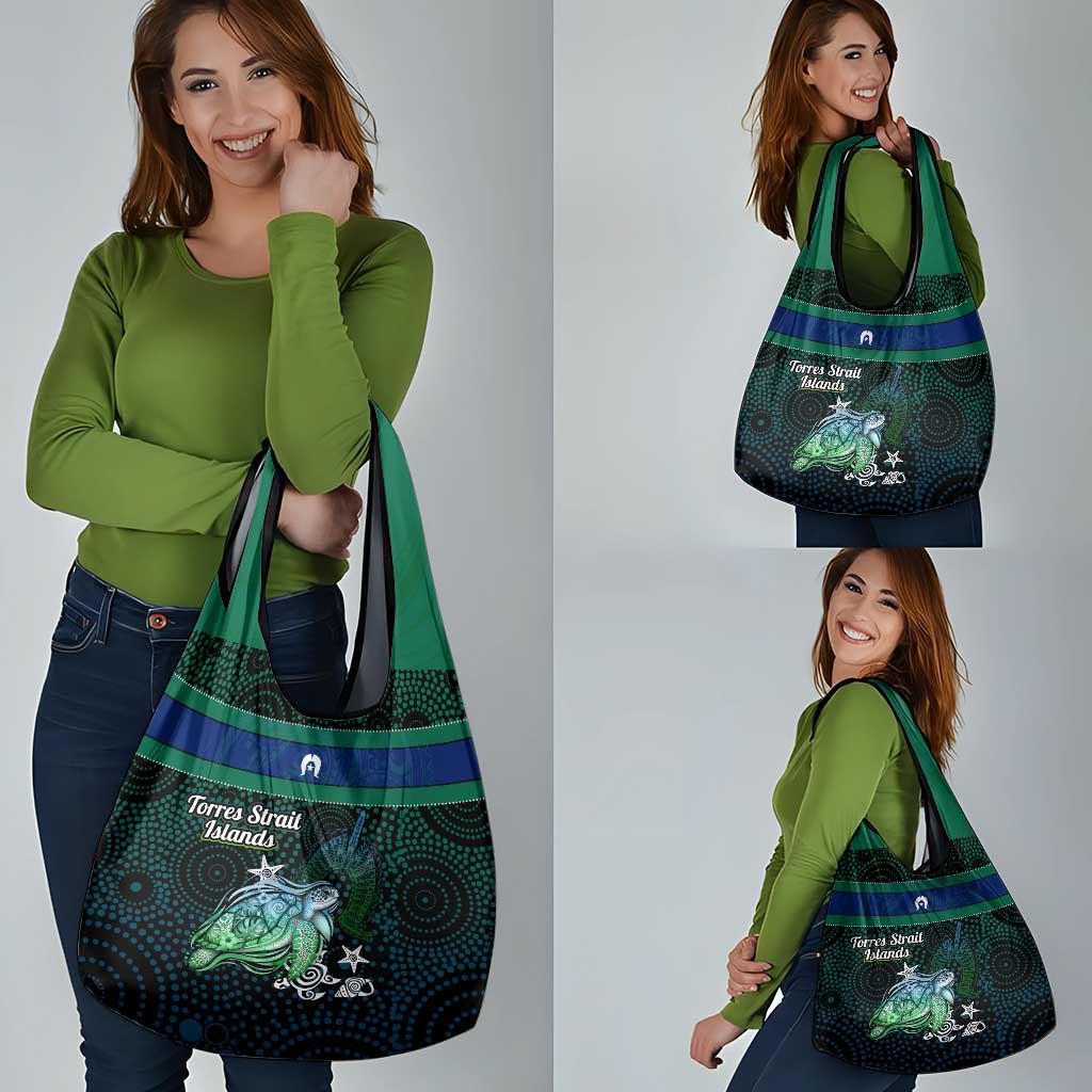 Torres Strait Islands Sea Turtle and Dhari Grocery Bag Oceanic Indigenous Dotwork Tribal Illustration