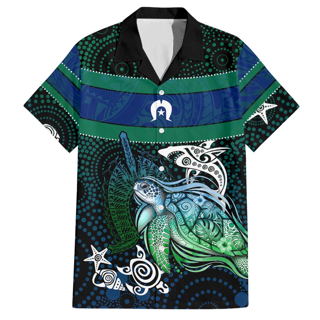 Torres Strait Islands Sea Turtle and Dhari Hawaiian Shirt Oceanic Indigenous Dotwork Tribal Illustration