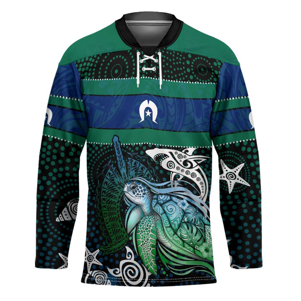 Torres Strait Islands Sea Turtle and Dhari Hockey Jersey Oceanic Indigenous Dotwork Tribal Illustration