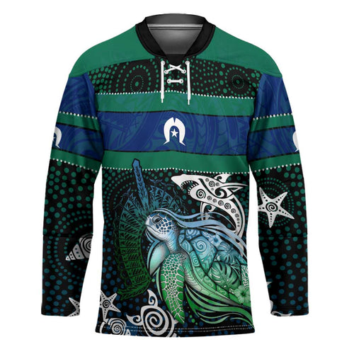 Torres Strait Islands Sea Turtle and Dhari Hockey Jersey Oceanic Indigenous Dotwork Tribal Illustration