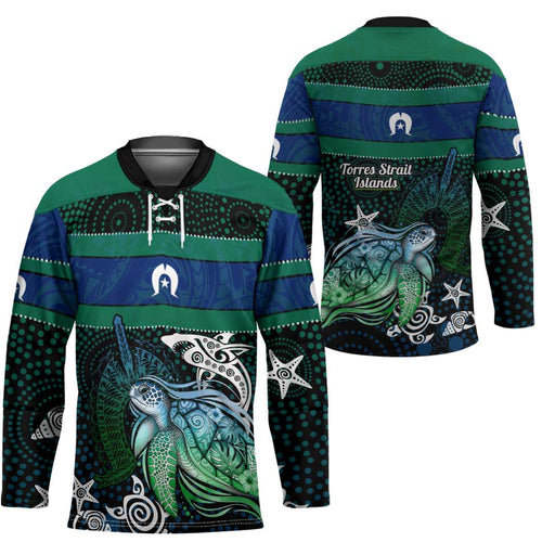 Torres Strait Islands Sea Turtle and Dhari Hockey Jersey Oceanic Indigenous Dotwork Tribal Illustration