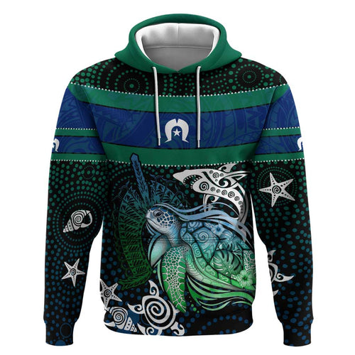 Torres Strait Islands Sea Turtle and Dhari Hoodie Oceanic Indigenous Dotwork Tribal Illustration