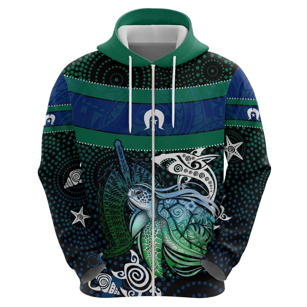 Torres Strait Islands Sea Turtle and Dhari Hoodie Oceanic Indigenous Dotwork Tribal Illustration
