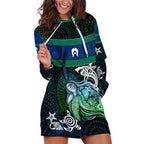 Torres Strait Islands Sea Turtle and Dhari Hoodie Dress Oceanic Indigenous Dotwork Tribal Illustration